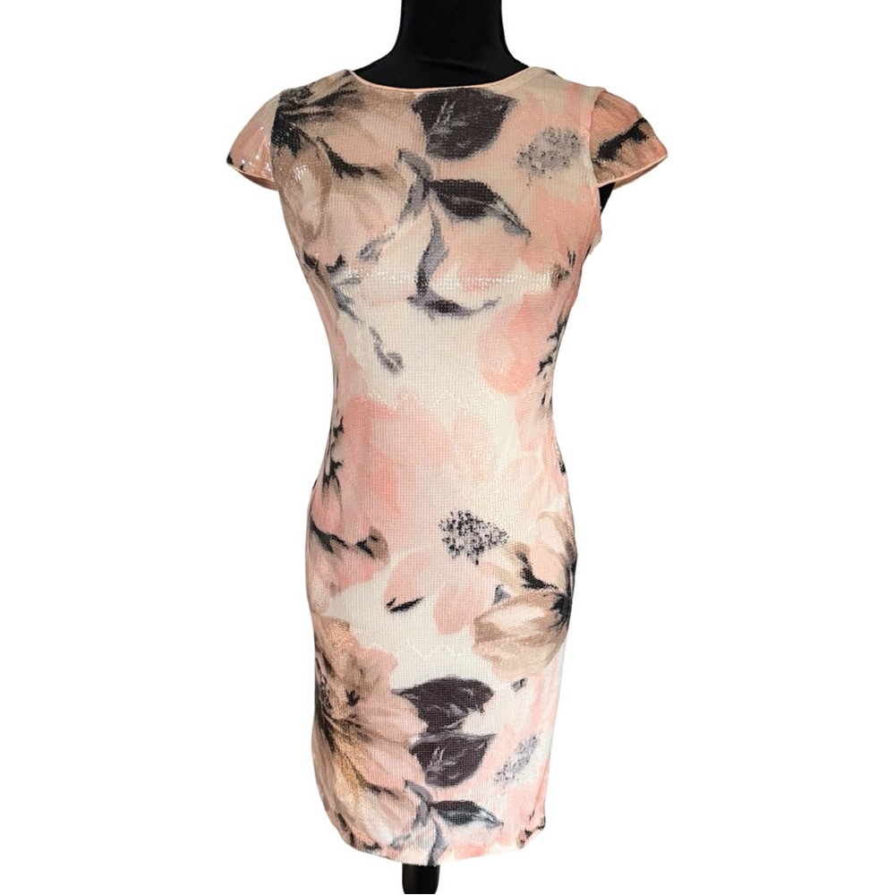 Calvin Klein Pink Sequin Floral Low Cowl Back Bodycon Dress Size 2 - Picture 4 of 9